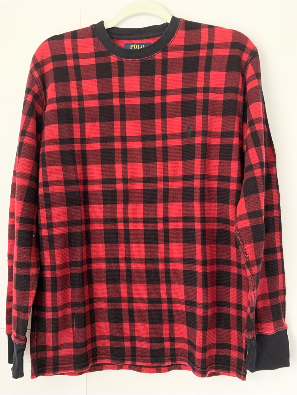 Polo by Ralph Lauren Thermal Shirt Waffle Knit Buffalo Red/Black Plaid Size L